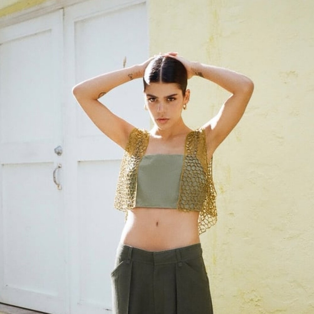 NWT ZARA Open Back Halter Linen Crop Top in Khaki / Sage Green, XS